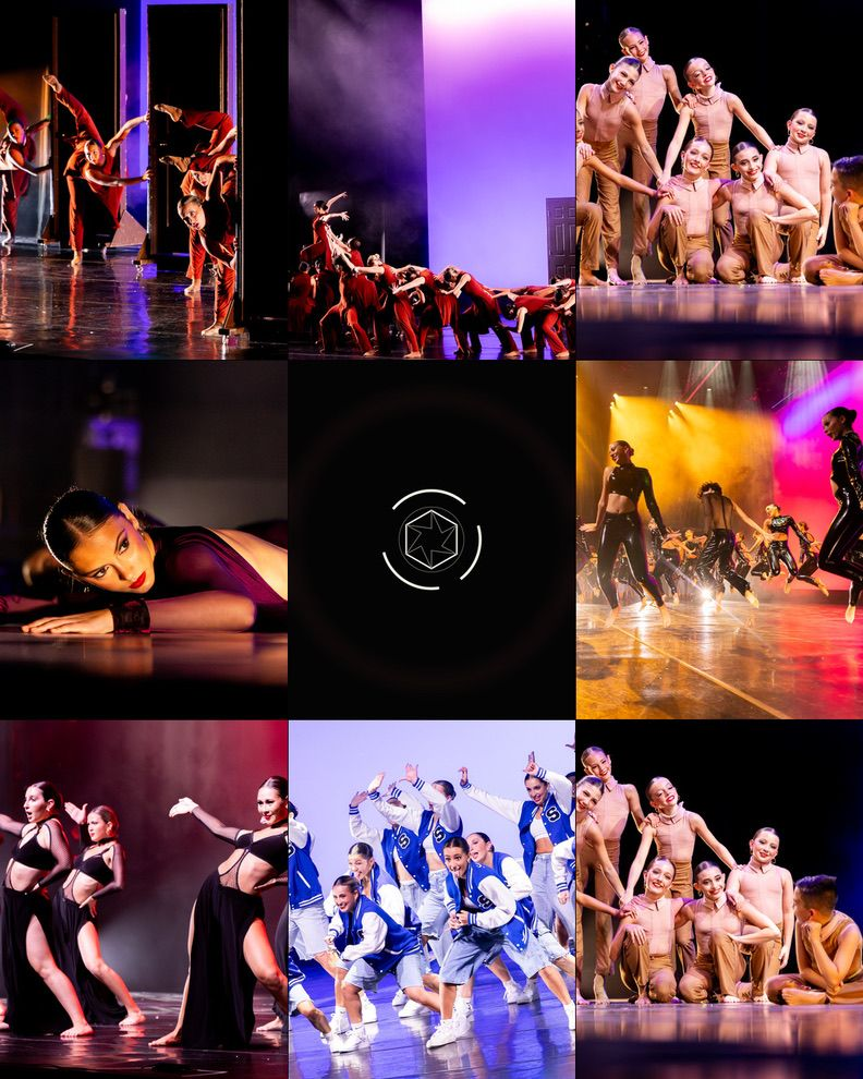 Nine-panel collage of recital performances, dancer portraits, and the DQFilms aperture logo