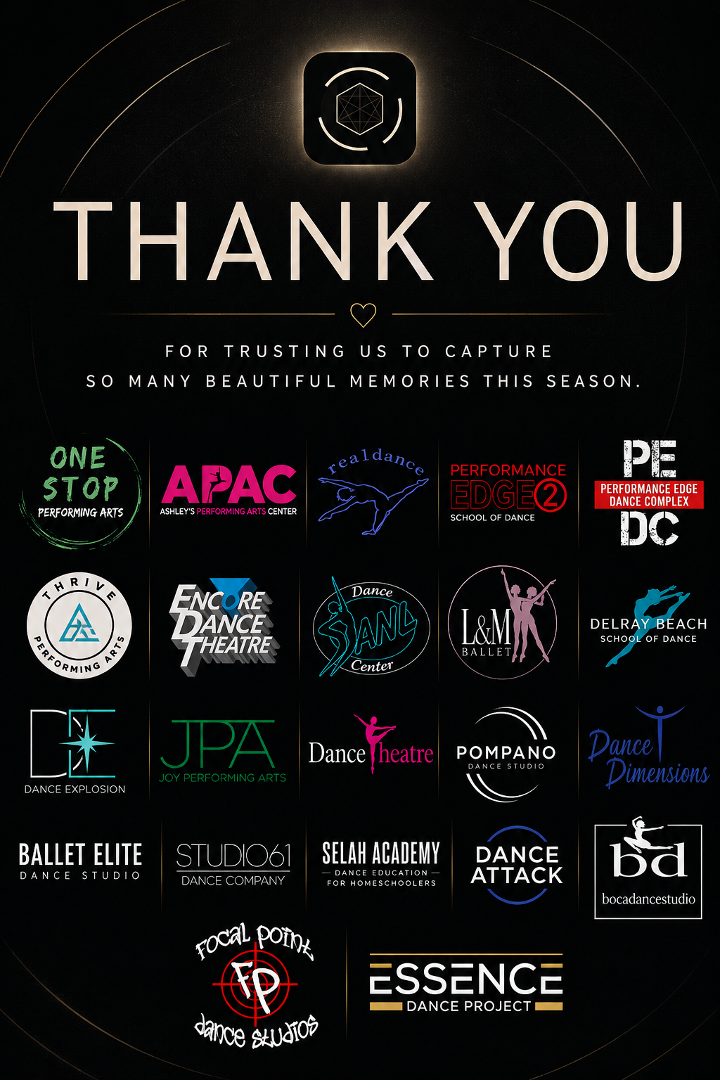Thank-you graphic featuring the logos of dance studios served by DQfilms Media
