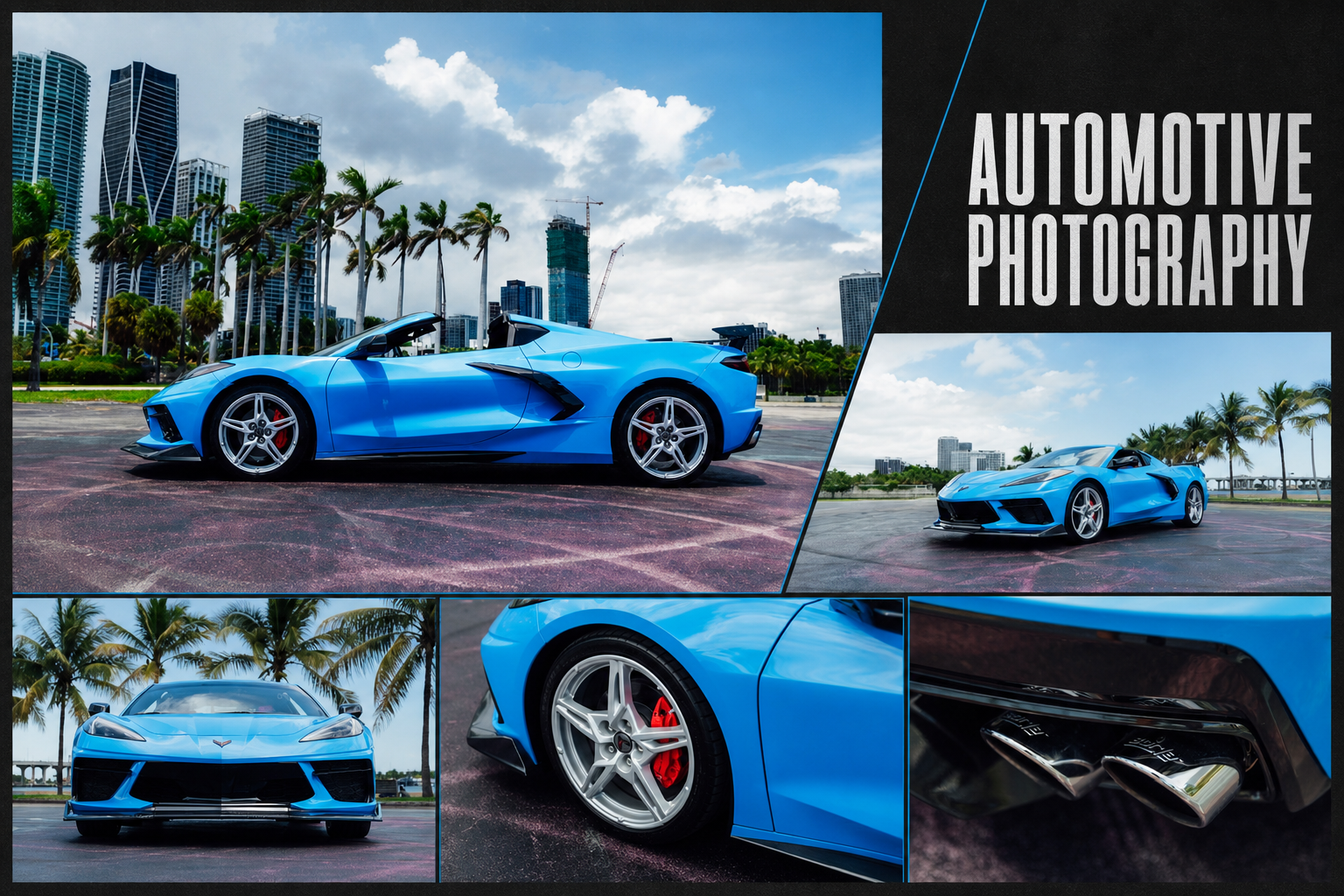 Blue sports car photographed across Miami city and waterfront settings