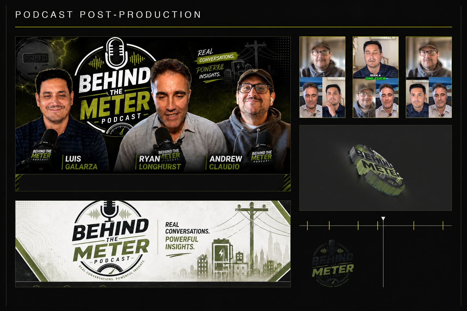 Behind the Meter podcast identity and post-production campaign board