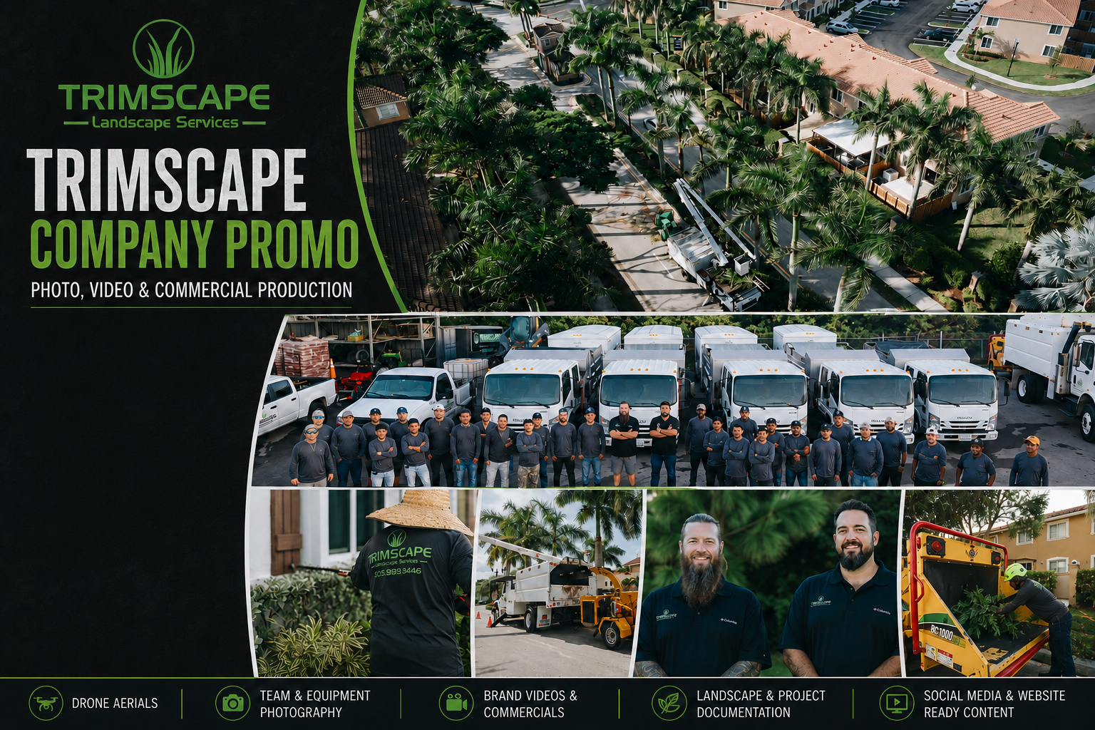 Trimscape commercial production board featuring aerials, team portraits, and working equipment